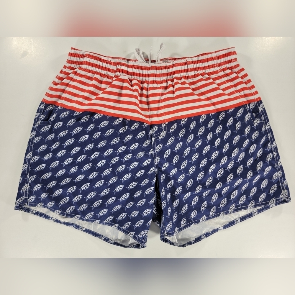 AFTCO Swim Trunks Mens Large Blue Red White USA Flag Print Bathing Suit Shorts